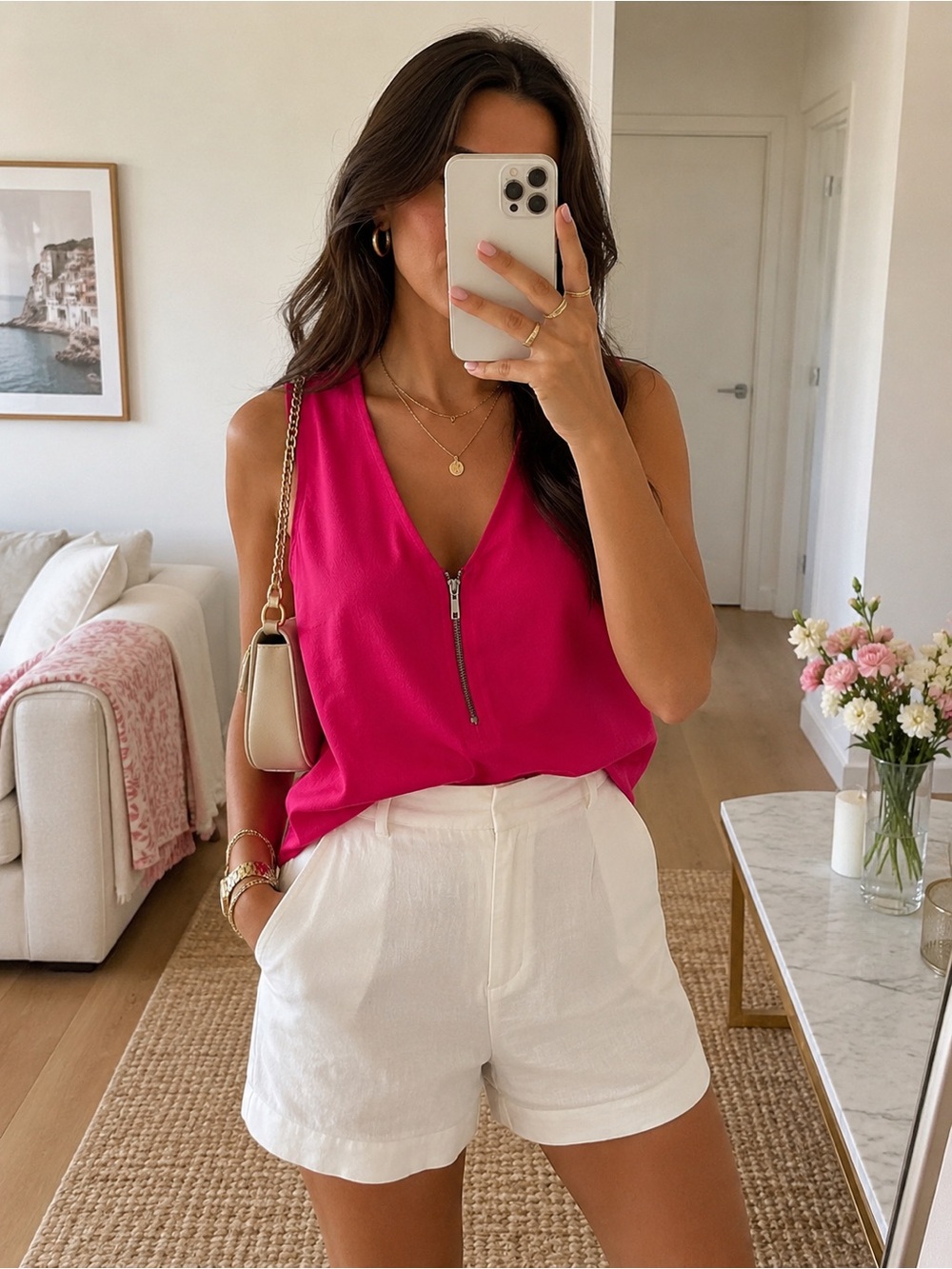 Apt. 9 Bright Fuchsia Zip-Front V-Neck Sleeveless Top